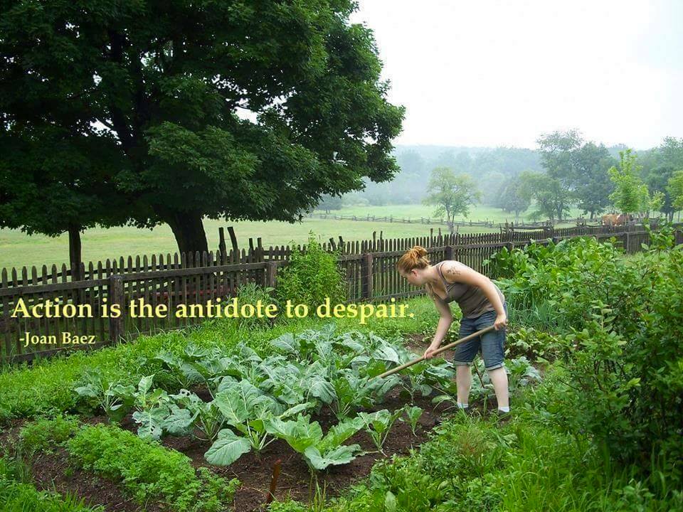 The meme features a woman in a garden, digging with a shovel, surrounded by lush greenery. The text "Action is the antidote to despair" is written in a clean, modern font, while the quote "Action is the antidote to despair" is attributed to "Joan Baez".